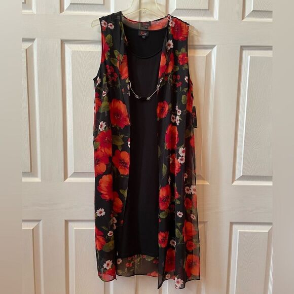 NWT BLACK SLEEVELESS DRESS WIRH BLACK CHIFFON FLOWER PRNT SLEEVELESS DUSTER 1X - Picture 1 of 8